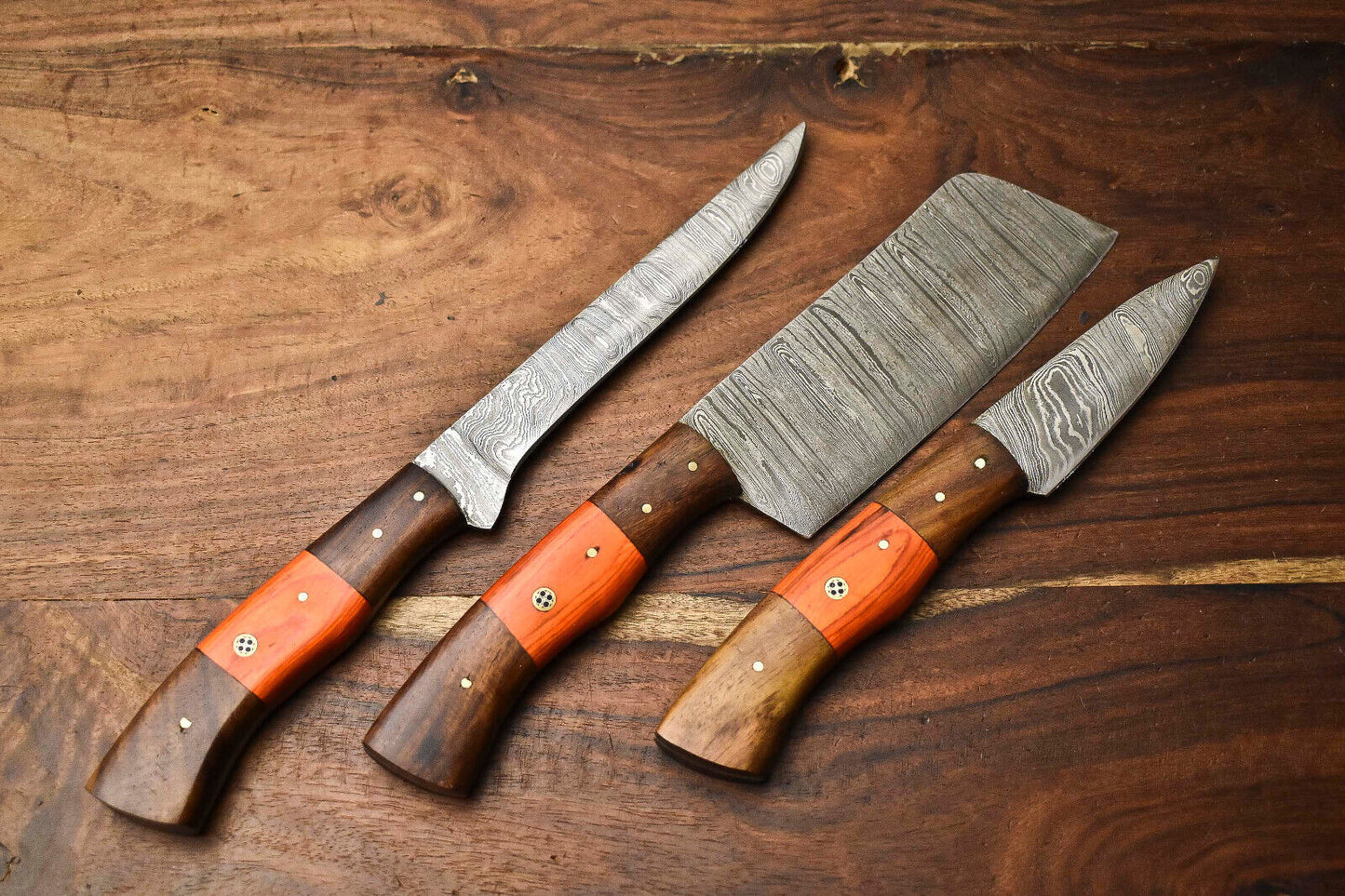 Lot of 3 PCS Custom Handmade Damascus Steel Blade Full Tang Chef Knife Set