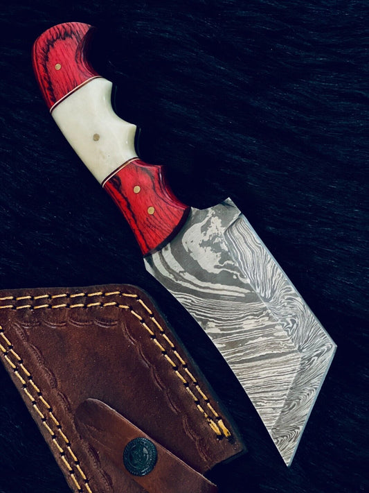 8.5" Twist Damascus Tanto Knife – Camel Bone & Wood Handle