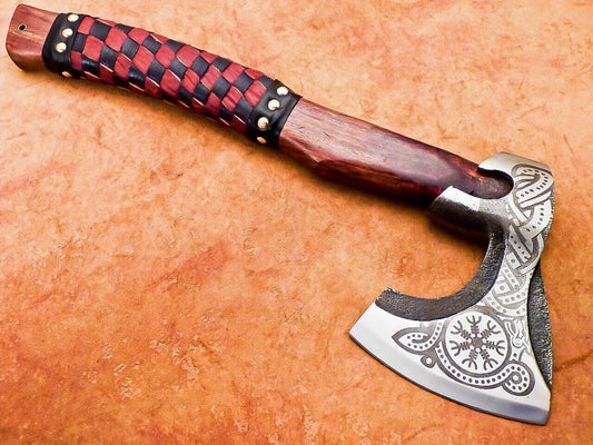 Hand Forged Carbon Steel Viking Bearded Camping Hatchet Tomahawk Axe with Leather Wrapped Wood Handle