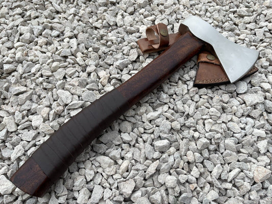 Handmade 15.5 Inch Viking Carbon Steel Axe with Engraved Ash Wood Handle and Leather Sheath