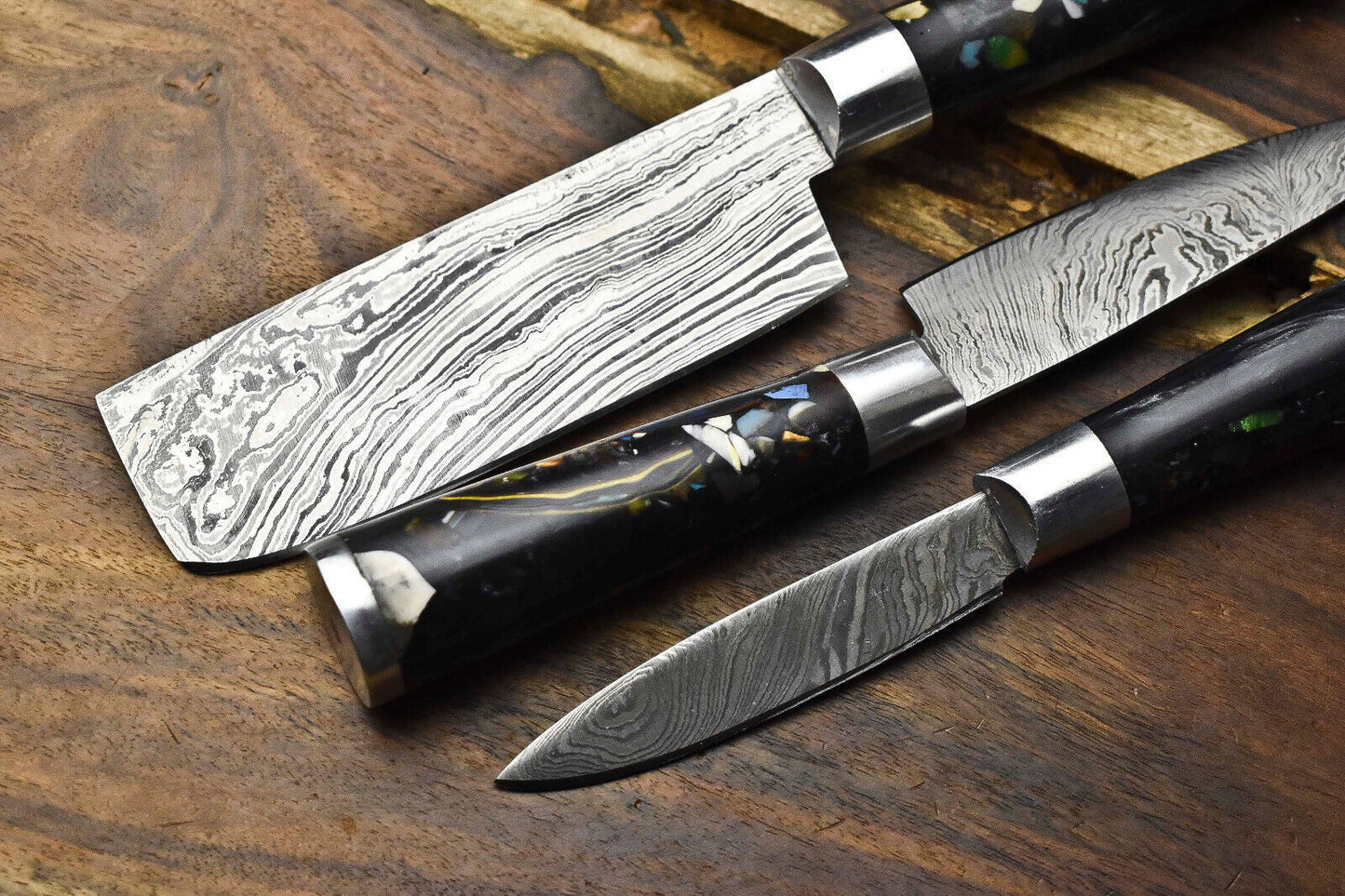 Lot of 3 Handmade Damascus Steel Blade Chef Knife Set – 100% Handmade