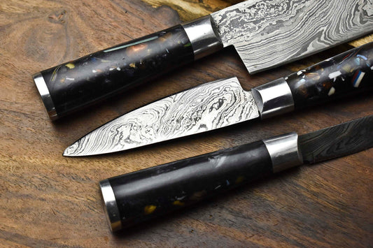 Lot of 3 Handmade Damascus Steel Blade Chef Knife Set – 100% Handmade