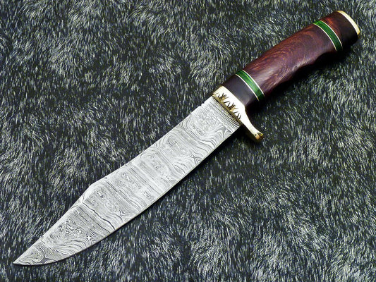 Authentic 13" Handmade Damascus Bowie Hunting Knife with Hardwood Handle with Leather Sheath