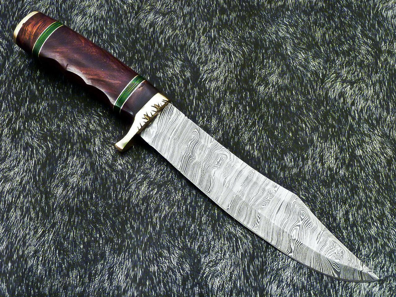 Authentic 13" Handmade Damascus Bowie Hunting Knife with Hardwood Handle with Leather Sheath