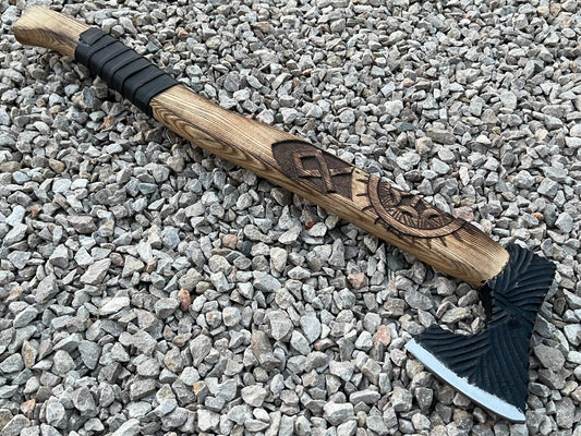 Unique Handmade Viking Axe with Carbon Steel Blade and Ash Wood Handle Camping Tomahawk with Leather Sheath