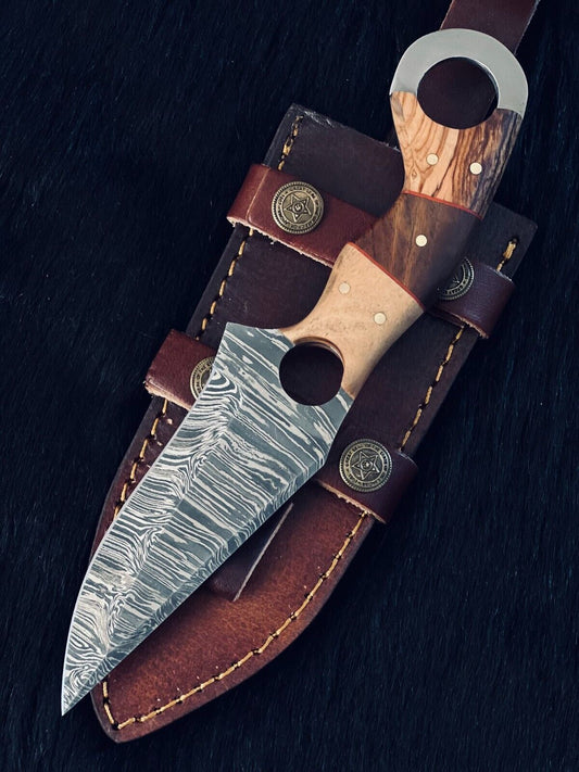 8.5" Handmade Twist Damascus Steel Bowie Hunting Knife – Camel Bone & Wood Handle