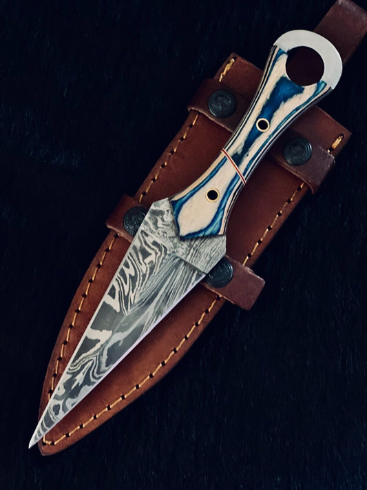 10" Custom Handmade Fire Damascus Dagger Bowie Hunting Knife – Camel Bone & Wood Handle