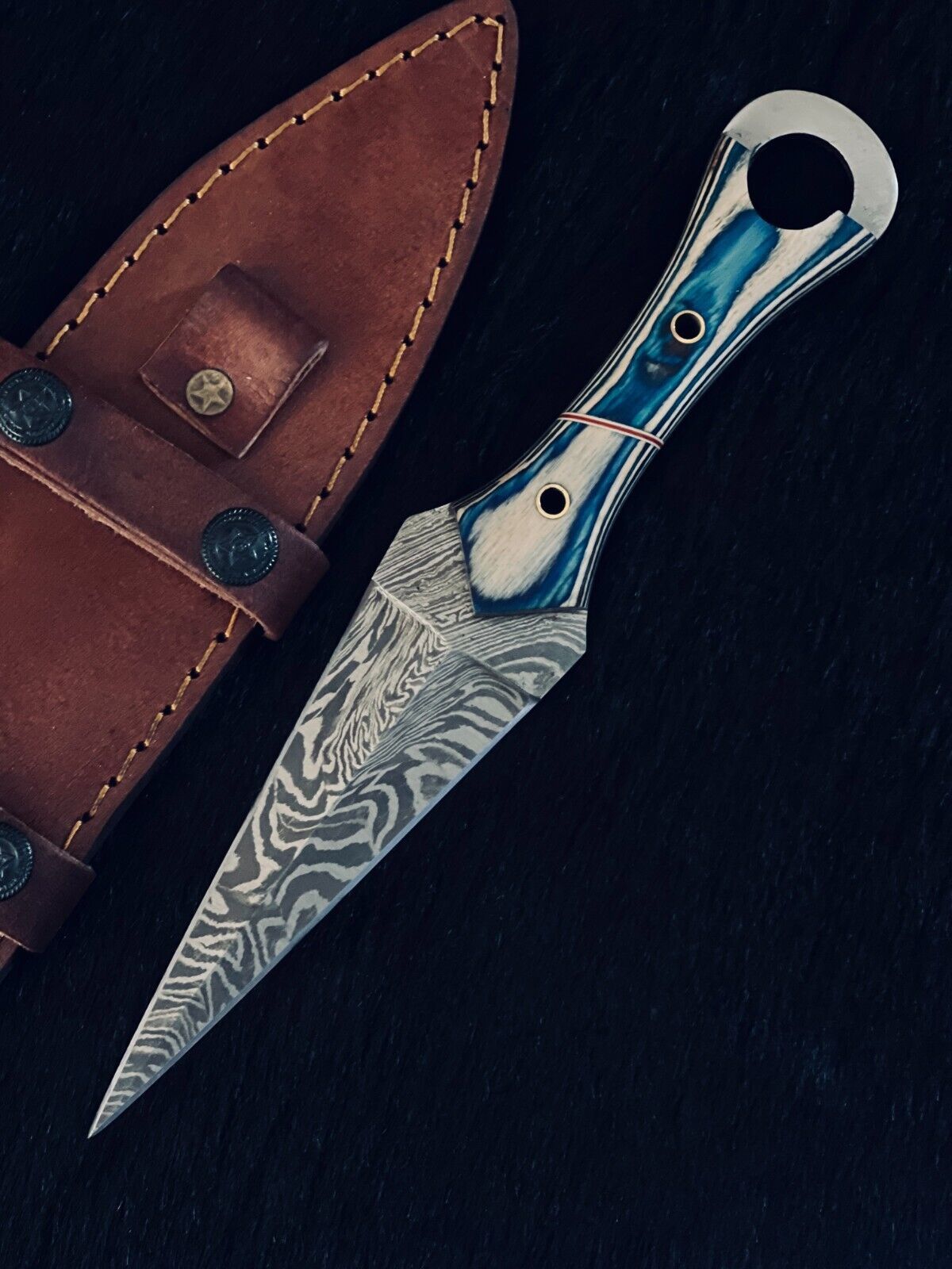 10" Custom Handmade Fire Damascus Dagger Bowie Hunting Knife – Camel Bone & Wood Handle