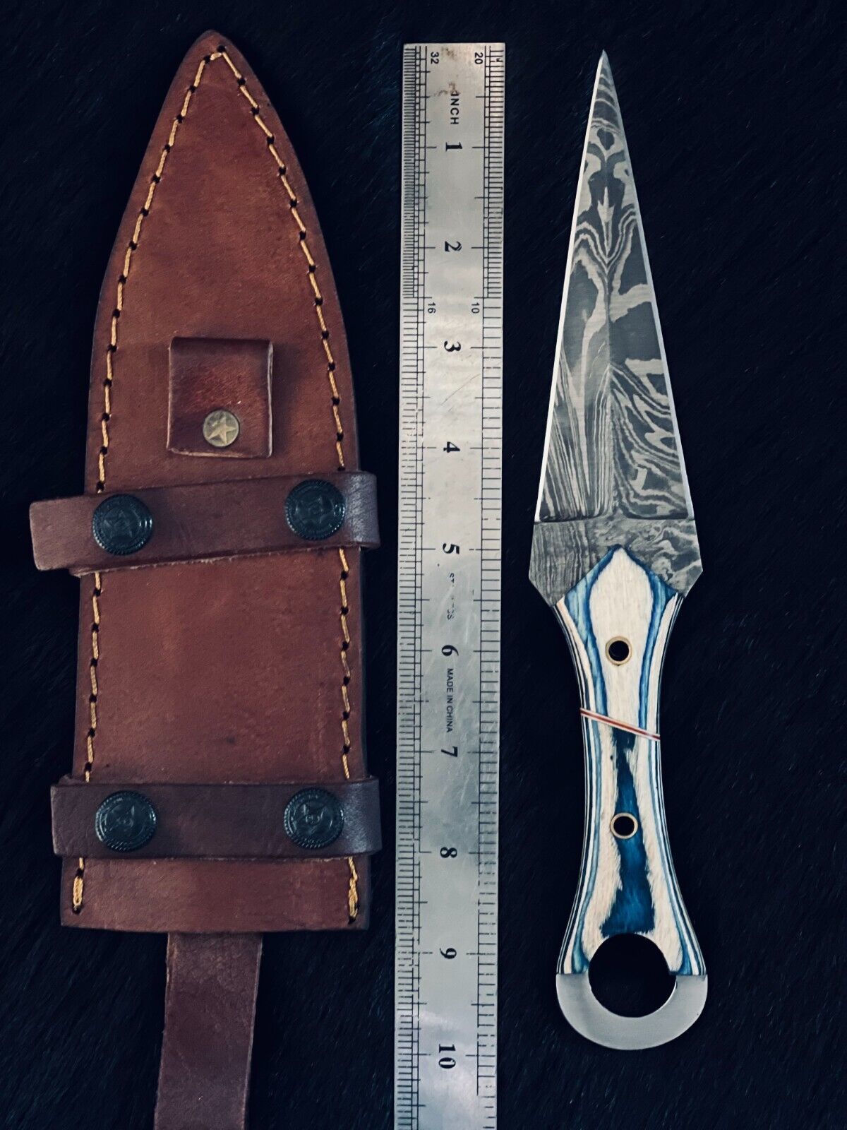 10" Fire Damascus Steel Bowie Knife – Camel Bone & Wood Handle