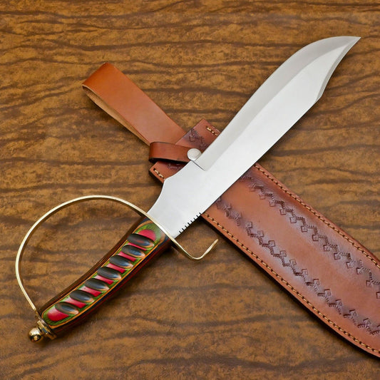 Custom Handmade D2 Blade Mini Sword/Bowie Knife | Pakka Wood Handle & Leather Sheath