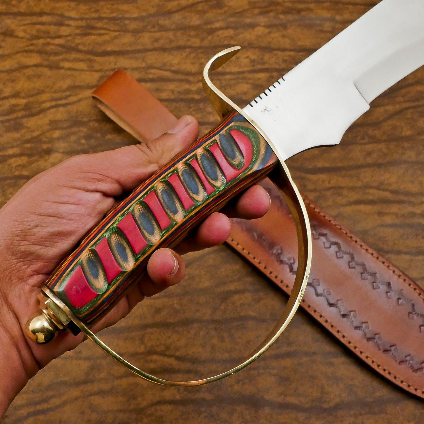 Custom Handmade D2 Blade Mini Sword/Bowie Knife | Pakka Wood Handle & Leather Sheath