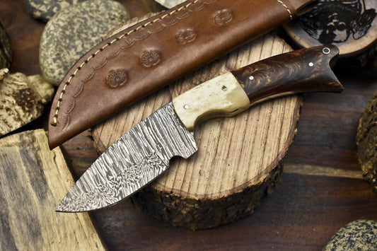 Twist Damascus Skinner Knife with Corian Handle – 10 Inch Handmade Hunting Blade with Sheath