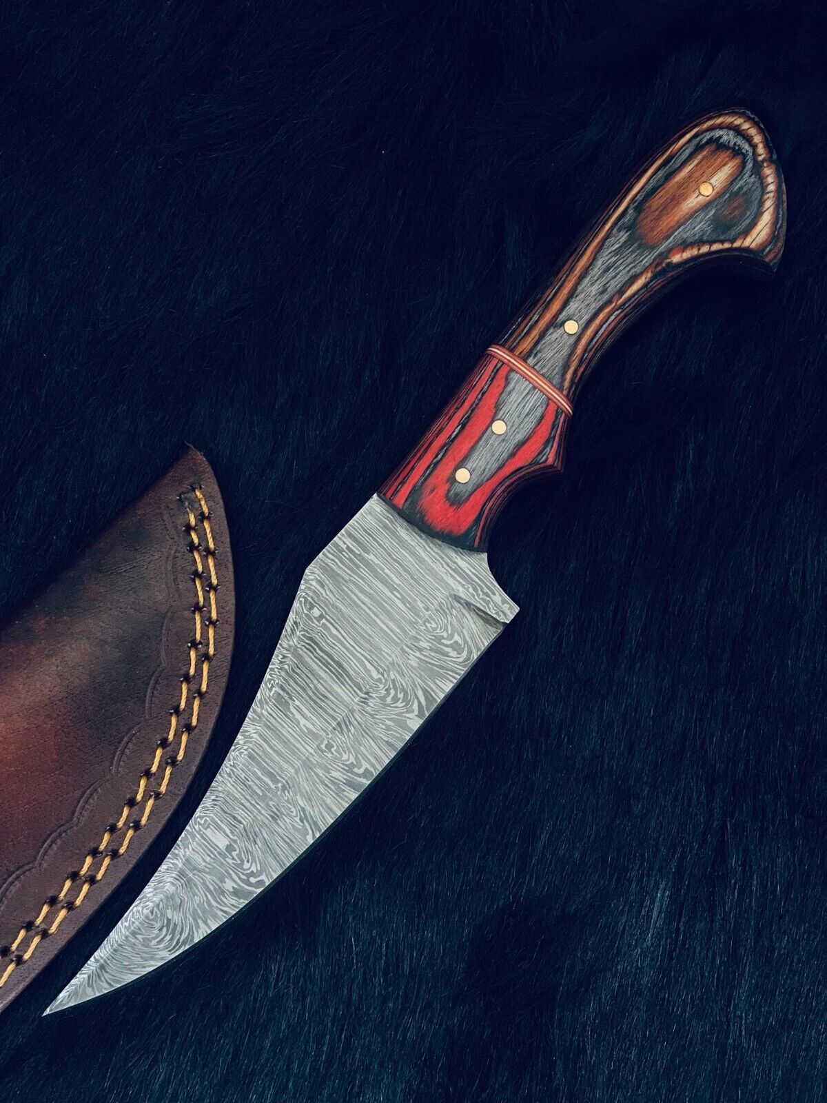 9" Handmade Twist Damascus Steel Bowie Hunting Knife with Camel Bone & Wood Handle