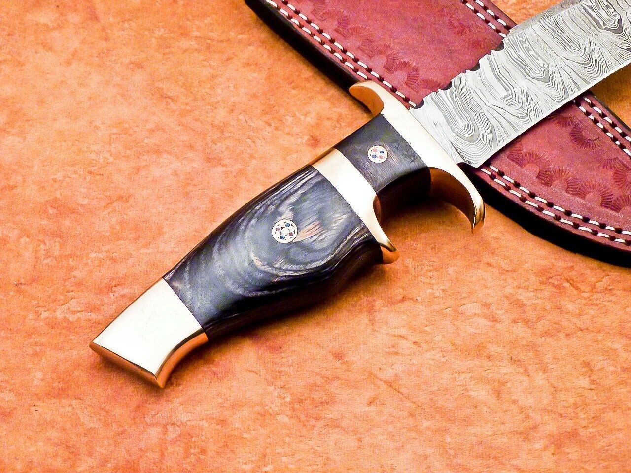 12" Custom Damascus Bowie Knife | Hardwood Handle & Brass Bolster