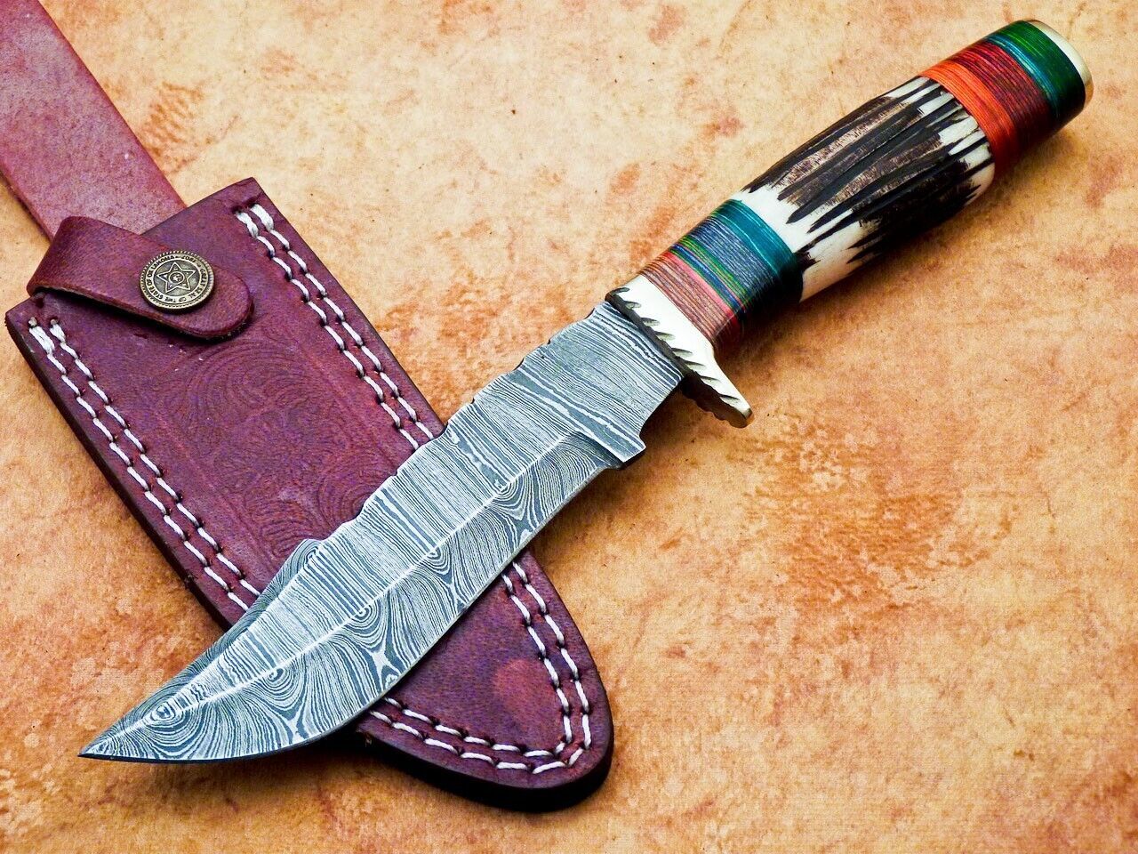 Heritage Forge 10 Inch Damascus Steel Camping Knife with Stag and Wood Handle
