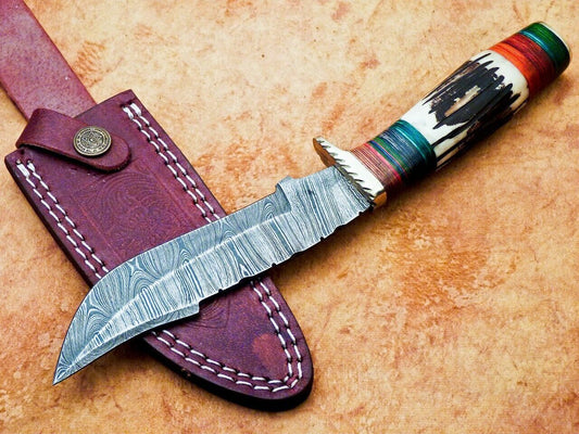 Heritage Forge 10 Inch Damascus Steel Camping Knife with Stag and Wood Handle