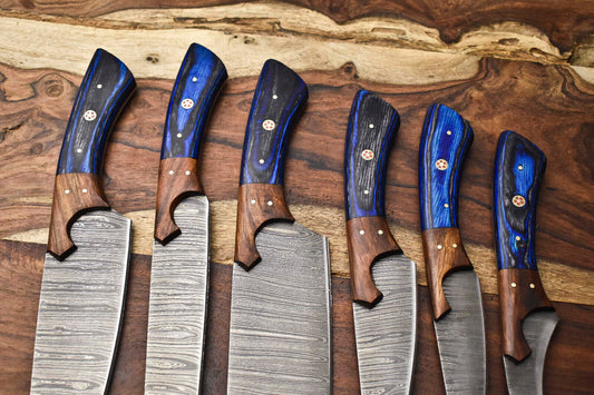 Lot Of 6 Handmade Damascus Full Tang Chef Knife Set | Hard Wood Handles