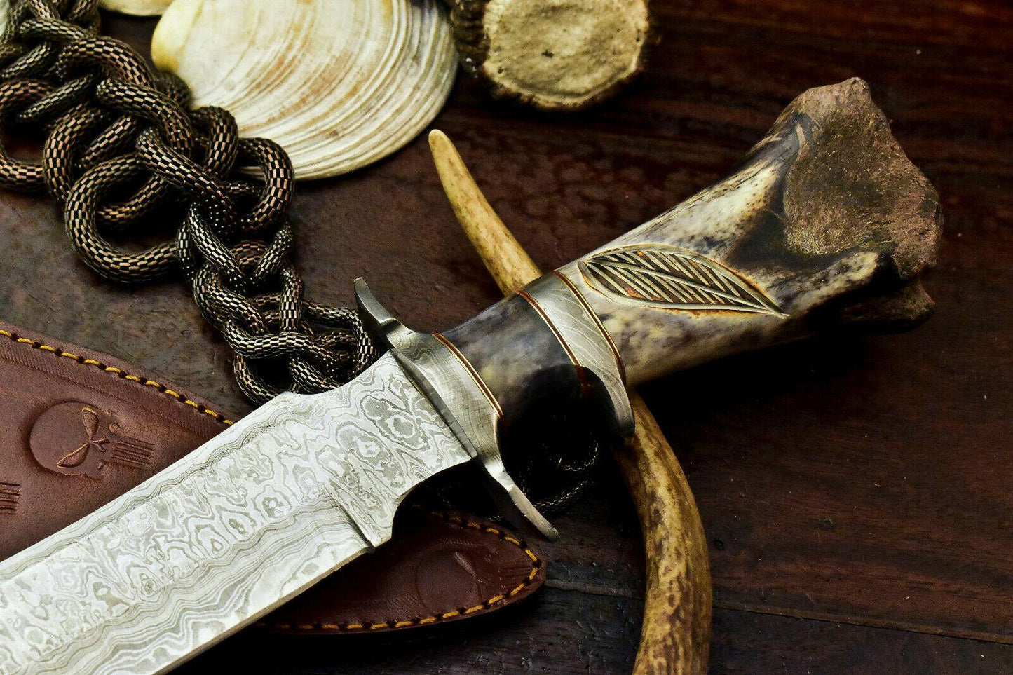 15" Damascus Bowie Knife – Stained Camel Bone Handle & Leather Sheath