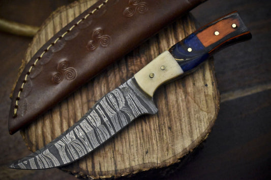 Twist Damascus Skinner Knife – 8" Tactical Bushcraft Blade with Mixed Handle