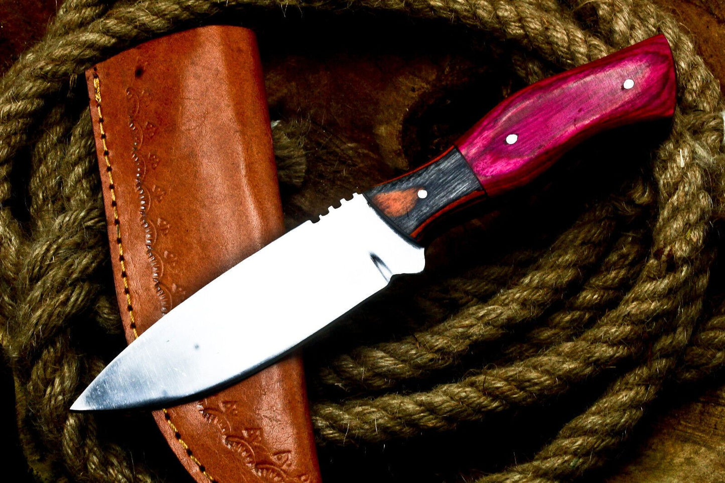 8" Handmade D2 Steel Skinner Knife | Hardwood Handle Full Tang Hunting EDC with Sheath