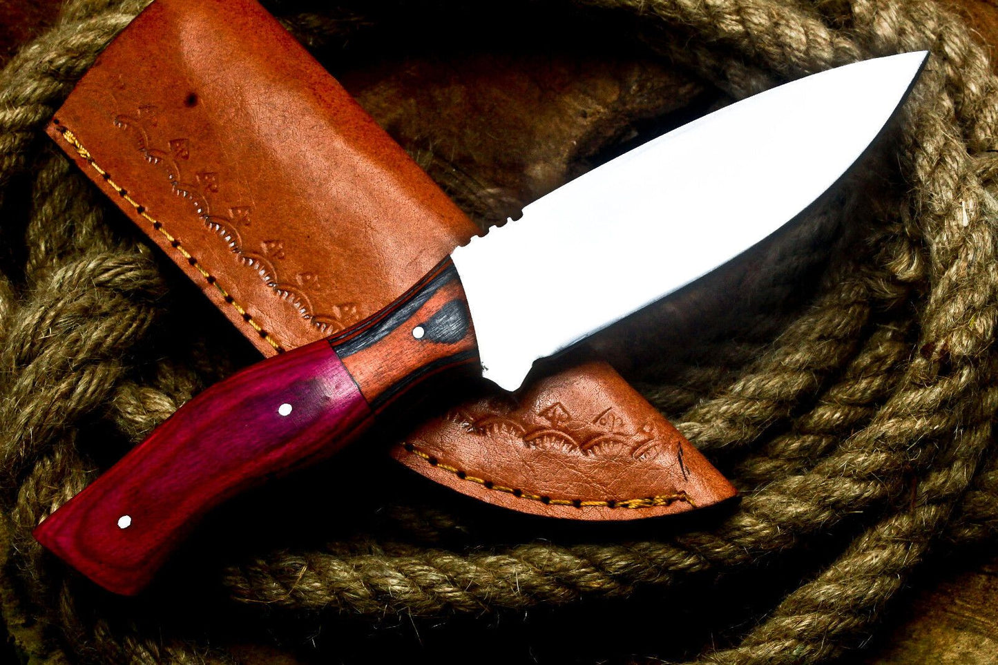 8" Handmade D2 Steel Skinner Knife | Hardwood Handle Full Tang Hunting EDC with Sheath