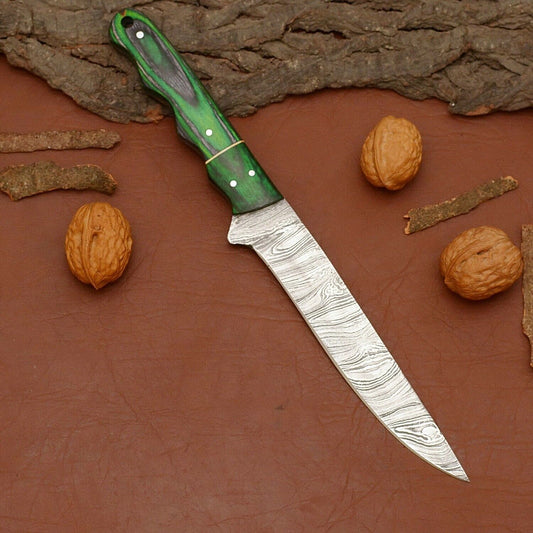 Custom Handmade Damascus Steel 7" Chef Fillet Knife with Pakka Wood Handle & Leather Sheath