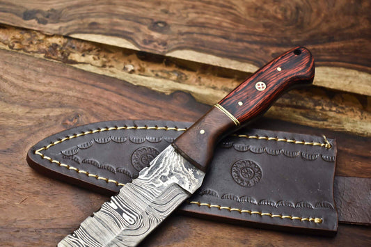 Handmade Damascus Blade Camping Tracker Full Tang Knife with Leather Sheath