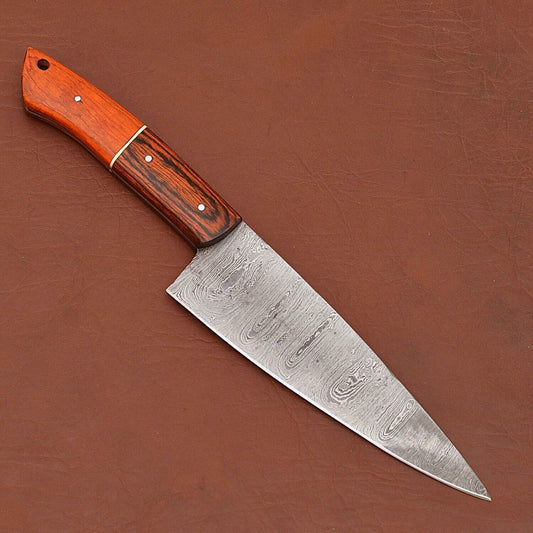 Custom Handmade Damascus Steel Kitchen Knife | 7" Chef Knife with Wood Handle & Sheath