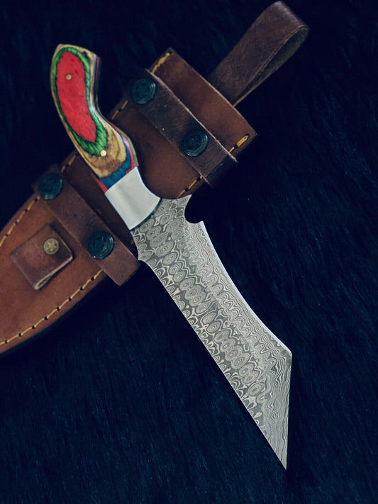 10.5" Custom Handmade Rain Drop Damascus Tanto Bowie Hunting Knife – Camel Bone & Wood Handle