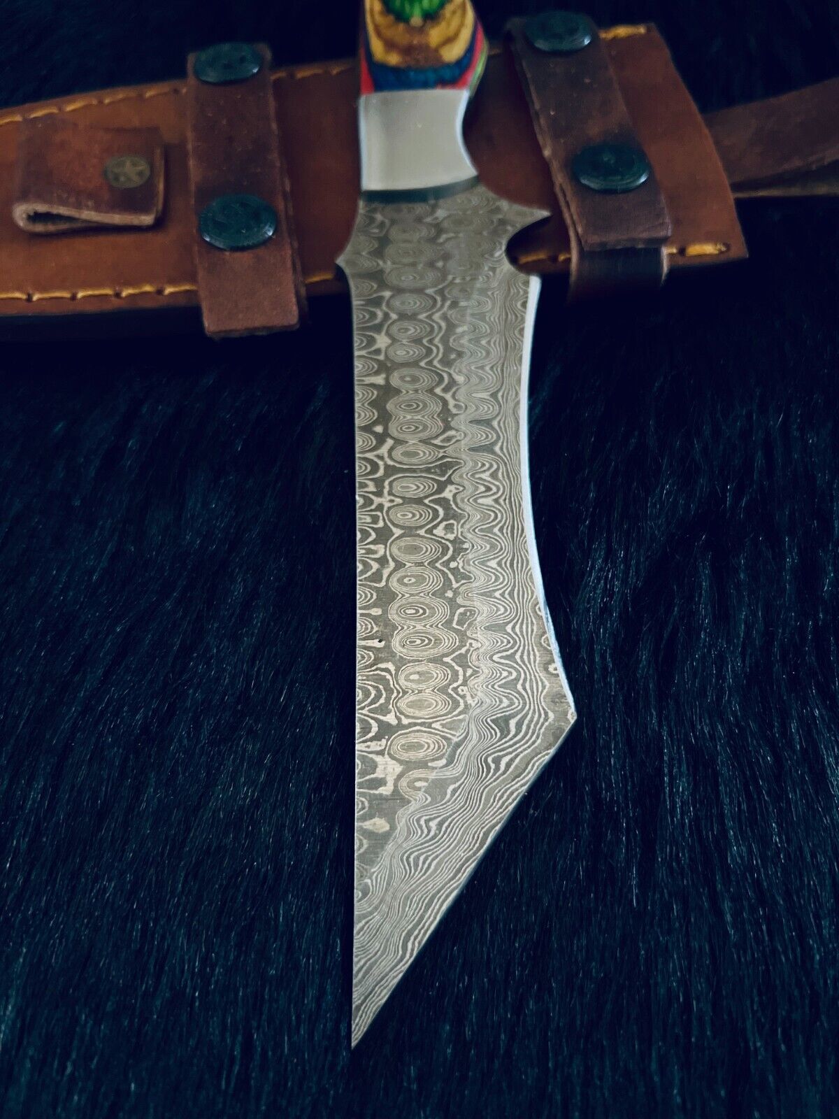 10.5" Rain Drop Damascus Tanto Knife – Camel Bone & Wood Handle