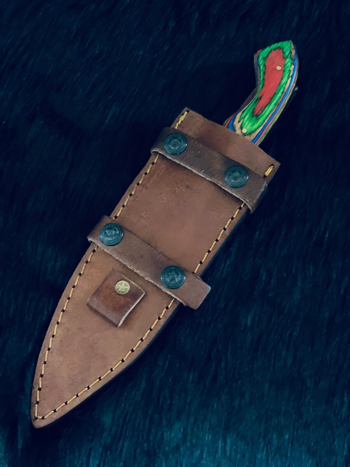 10.5" Rain Drop Damascus Tanto Knife – Camel Bone & Wood Handle