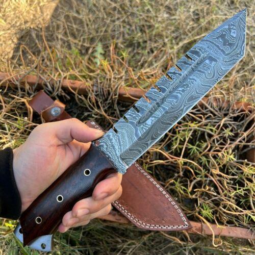 Heritage Forge 13 Inch Damascus Steel Bowie Knife with Rosewood Handle and Leather Sheath