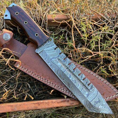 Heritage Forge 13 Inch Damascus Steel Bowie Knife with Rosewood Handle and Leather Sheath