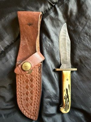 Heritage Forge Mini Damascus Hunting Knife with Fixed Blade and Leather Sheath