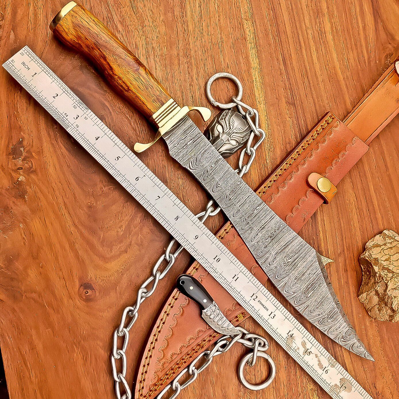 16.5 Inch Damascus Steel Bowie Knife with Wood Handle and Brass Bolster