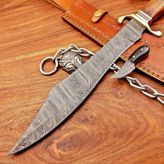 16.5 Inch Damascus Steel Bowie Knife with Wood Handle and Brass Bolster