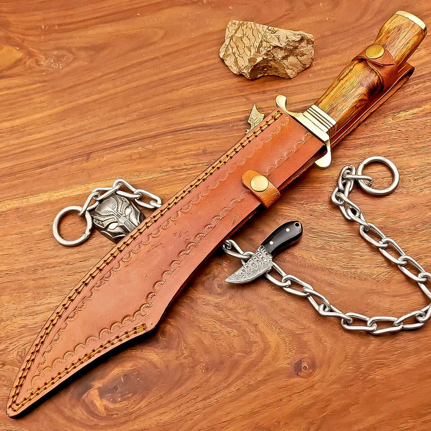 16.5 Inch Damascus Steel Bowie Knife with Wood Handle and Brass Bolster