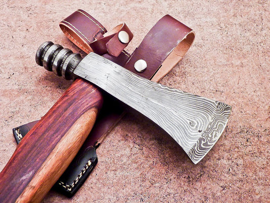 New Handmade Damascus Steel Axe | Unique Limited Edition 19-Inch Axe with Natural Wood Handle & Leather Sheath