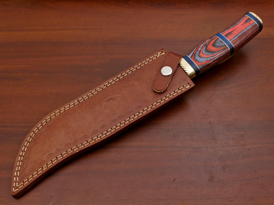 14" Handmade Damascus Bowie – Pakka Wood Handle & Brass Guard with Leather Sheath