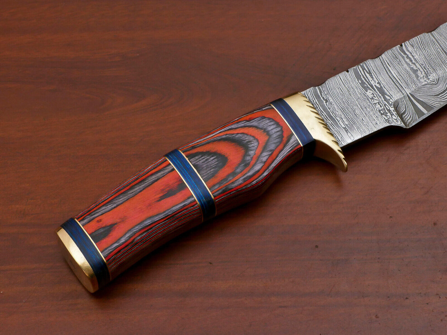 14" Handmade Damascus Bowie – Pakka Wood Handle & Brass Guard with Leather Sheath