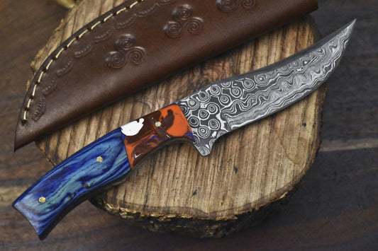 8" Hand Forged Damascus Skinner Knife Raindrop Blade Hardwood Handle Tactical EDC