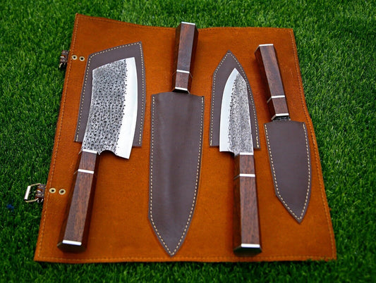 4-Piece Handmade D2 Steel Chef Knife Set – Custom Kitchen Knives with Wood Handles & Leather Roll Bag