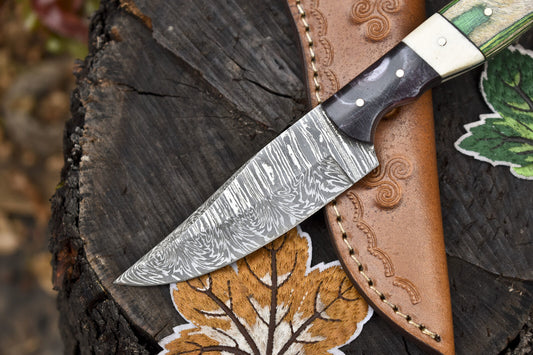 8" Twist Damascus Skinner Knife Bone and Wood Handle Forged Camping Blade