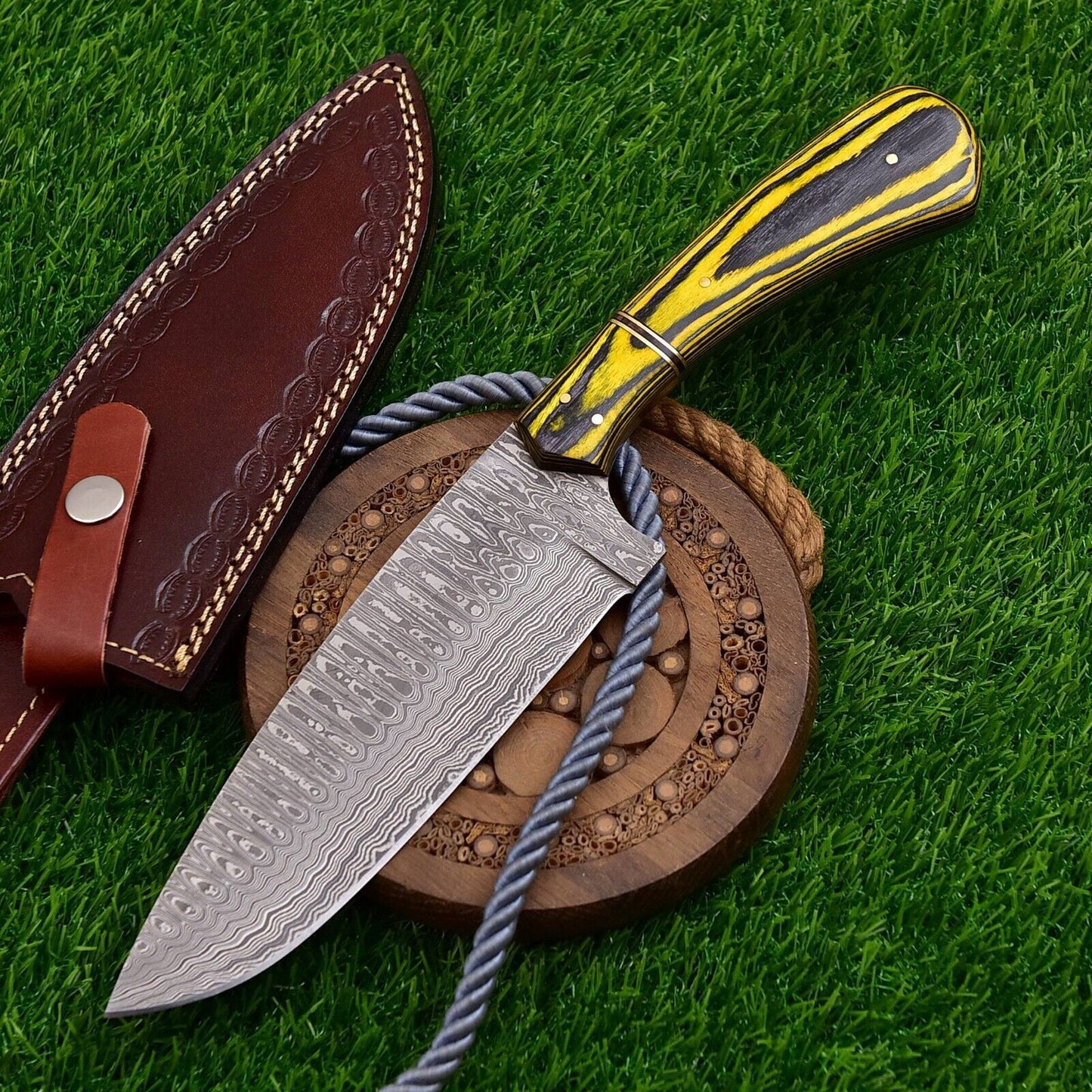 Custom Hand Forged Damascus Steel Kitchen Hunting Chef Knife with Leather Sheath