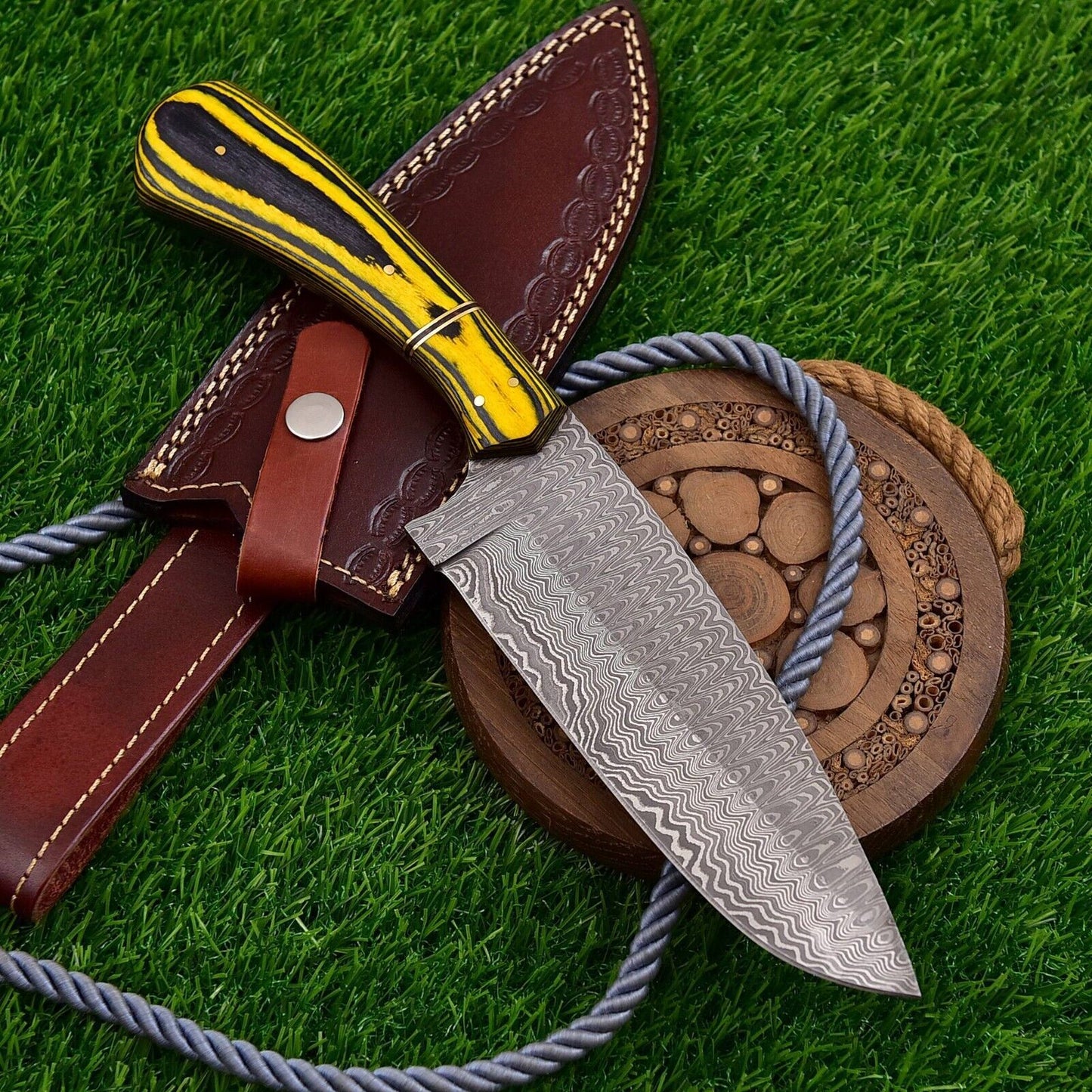 Custom Hand Forged Damascus Steel Kitchen Hunting Chef Knife with Leather Sheath