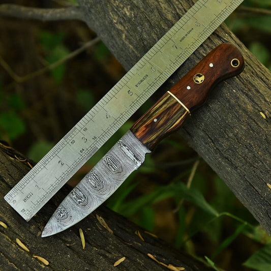 Fire Pattern Damascus Skinner Knife Rosewood PakkaWood Handle Fixed Blade