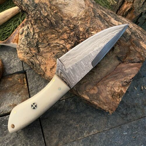 7" Twist Damascus Skinner Knife Camel Bone Handle Custom Handmade EDC