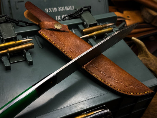 Handmade Damascus Steel Kitchen Chef Knife with Epoxy Handle & Cow Leather Sheath