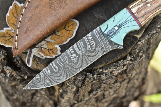8.0" Twist Damascus Skinner Knife Hardwood Handle Tactical EDC Knife