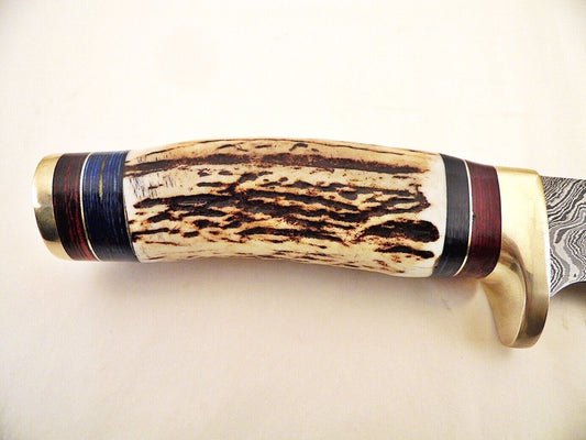 10.25" Custom Damascus Bowie Knife with Stag Horn & Brass Pommel